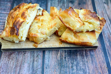 Bakery .Home made  cheese pie  with phyllo pastry, feta cheese  and organic eggs. Bulgarian banitsa