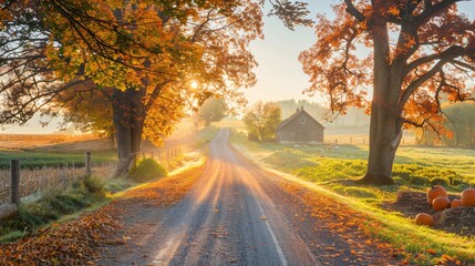 A peaceful country road lined with colorful autumn trees and pumpkins scattered along the sides, leading to a distant farmhouse bathed in golden sunlight