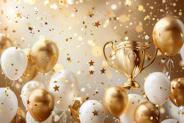 Golden trophy surrounded by white and gold balloons, perfect for highlighting themes of success, celebration, and achievement. The image provides ample copy space for text overlay.
