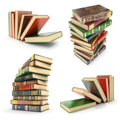 Set of pile of colorful books on a white background.