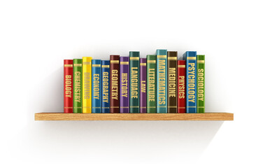 Naklejka premium Colorful books on the wood shelf.