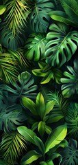 Variety of tropical leaves including monstera, palm, and banana creating dense and vibrant foliage