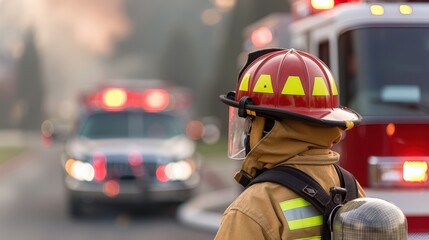 Firefighter in protective gear stands ready with fire trucks in the background. Emergency response and safety at the forefront.