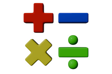 Fototapeta premium Math symbols 3D render, a red plus, blue minus, yellow multiply, green divide