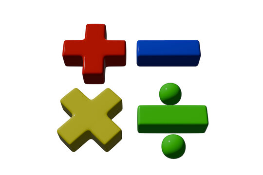 Math symbols 3D render, a red plus, blue minus, yellow multiply, green divide