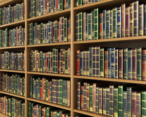 Bookshelf full of books background. Old library.