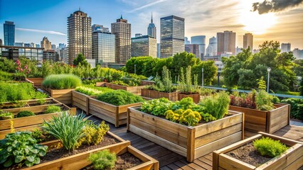 Fototapeta premium Serene urban garden oasis features wooden raised beds overflowing with lush green vegetables, herbs, and spices amidst modern city backdrop.