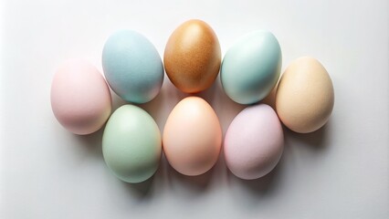 Sleek, modern Easter eggs in solid pastel hues arranged artfully on a crisp white background, exuding understated sophistication and refinement.
