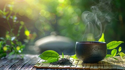 A steaming cup of green tea with a few fresh green tea leaves beside it, placed on a bamboo mat...