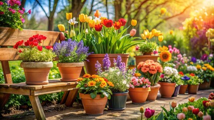 Vibrant multicolored spring flowers in terracotta pots surrounded by lush greenery and rustic wooden garden bench on sunny afternoon.