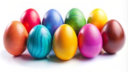 Vibrant assortment of ten isolated Easter eggs in various bright colours standing upright on a pure white background.