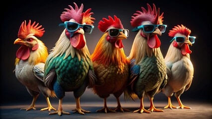 Fototapeta premium Vibrant 3D rendering of stylish roosters and chickens donning trendy sunglasses, posing coolly against a sleek black background, exuding fun.