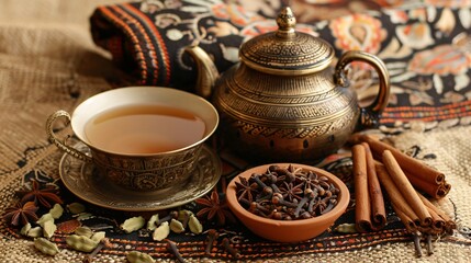 An exotic tea setting with a cup of masala chai, a small bowl of whole spices like cinnamon, cardamom, and cloves, and a traditional Indian tea pot