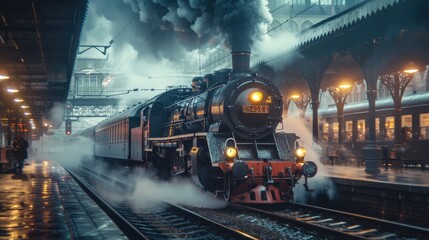 Naklejka premium Retro steam train departs from the station.