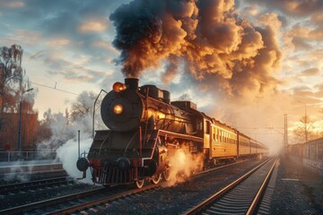 Retro steam train departs from the station.