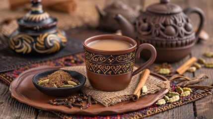 Fototapeta premium An exotic tea setting with a cup of masala chai, a small bowl of whole spices like cinnamon, cardamom, and cloves, and a traditional Indian tea pot