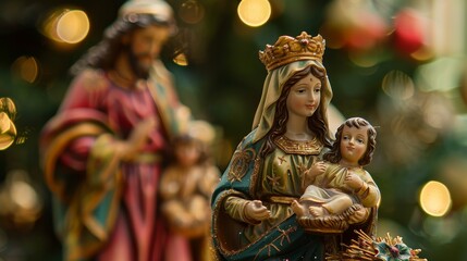 A close-up portrait of a nativity figurine set, highlighting the intricate details of Mary holding baby Jesus. The scene is set against a blurred backdrop of Christmas lights and greenery