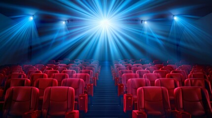 Fototapeta premium Illuminated empty cinema theater with blue stage lights