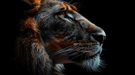 Naklejka premium Magnificent lion gazing into the distance in profile against black background.