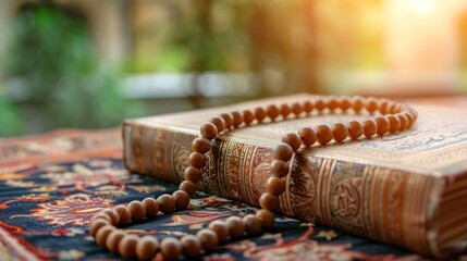 A brown necklace is laying on top of a book. The necklace is made of beads and is placed on a rug. The book is open and has a religious text on it. Concept of spirituality and reverence