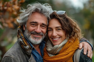 woman man couple happy together hug bonding mature mid middle age aged park outdoor talking leisure fun smiling love old nature wife happiness lifestyle people adult caucasian husband, Generative AI