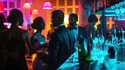 Stylish Cocktail Party Scene with Glamorous Guests Mingling in Chic Bar and Lounge Area