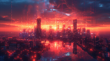 Fototapeta premium sunset over the Digital background city