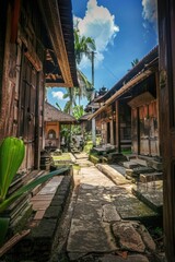 Fototapeta premium Narrow alley between buildings with palm tree