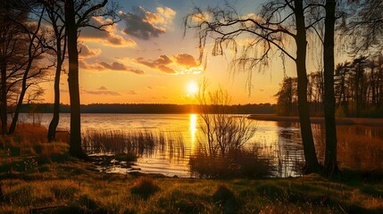 Obraz premium Evening landscape with a lake and silhouettes image