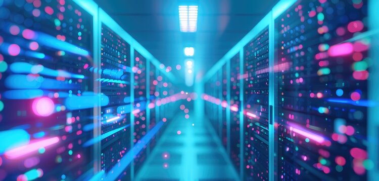 Illuminated Futuristic Server Racks in High-Tech Data Center Environment