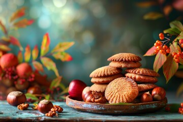 A beautiful arrangement of autumn-themed cookies on a wooden plate, surrounded by fall leaves, chestnuts, and berries, capturing cozy fall vibes.