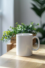 White cup or mug on a table, perfect for mockup designs