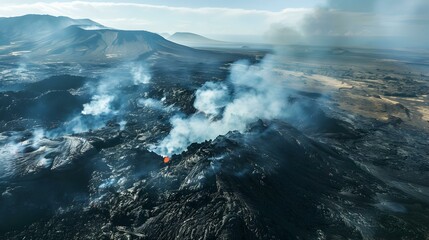 Fototapeta premium Volcanic landscape with black lava fields image