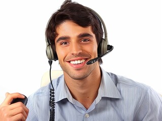 A customer service representative in a headset assisting a customer with a smile and helpful attitude
