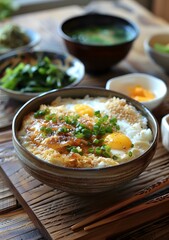 Japanese breakfast with eggs and rice