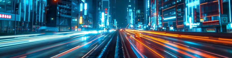Fototapeta premium Vibrant City Highway at Night with Fast-Moving Vehicles and Glowing Headlights. Dynamic Metropolis Showcasing Energy and Motion, AI-Generated High-Resolution Wallpaper，Technology, night city skyline, 