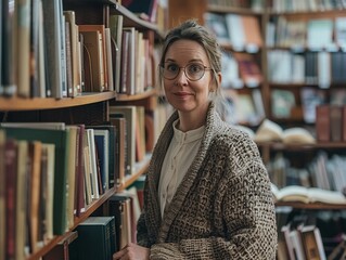 A librarian in a cardigan and glasses organizing books on shelves with a peaceful and knowledgeable expression