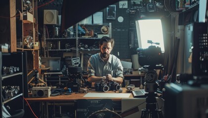 The photographer is in a professional studio, with lighting equipment and photographs, focusing on creative work AIG58