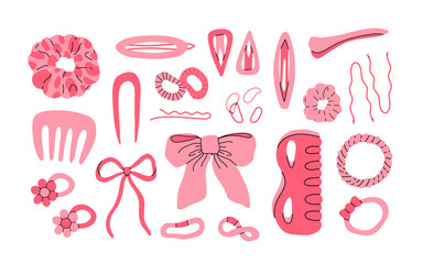 Hand drawn hair accessories. Female hair cartoon scrunchies, headbands, hair tie and elastic bands flat vector illustration set. Hair accessory doodle collection