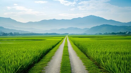 Fototapeta premium A path passing through bright green rice