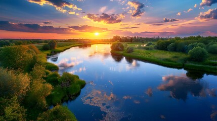 Naklejka premium Sunset on the river with the reflection picture