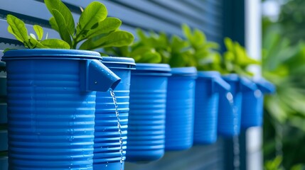 Home rainwater harvesting system, plastic buckets in action, integrated sustainably, water saving focus, eco-friendly lifestyle