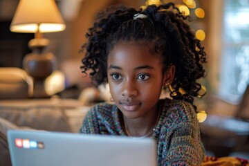child laptop computer technology home girl education homework teenage learning kid internet childhood student black teen using online young happy, Generative AI