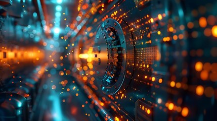 Visualized digital data streaming out of a vault essence of cybersecurity threat hacking and cracking very detailed and realistic shape