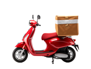 a red scooter with a box on the back