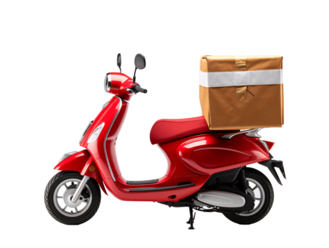 a red scooter with a box on the back