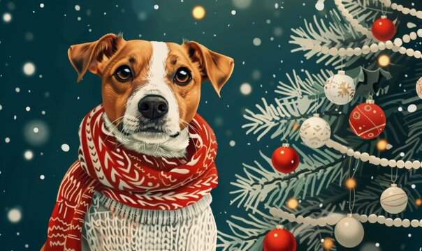 Cute funny jack russell terrier in knitted scarf on a blue winter snow background. Christmas greeting card, New Year holiday banner, copy space.