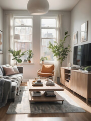 Fototapeta premium A bright and cozy living room with modern furniture, a soft rug, and large windows letting in natural light.