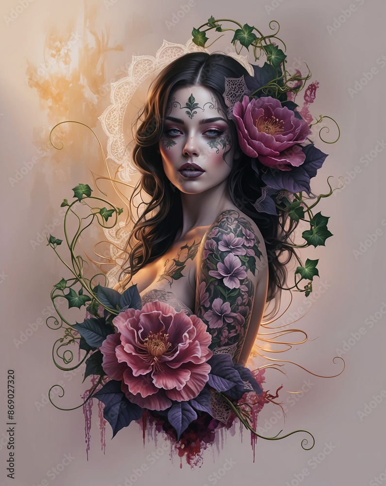 Wall mural beautiful flower girl tattoo illustration