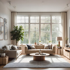 Fototapeta premium A bright and cozy living room with modern furniture, a soft rug, and large windows letting in natural light.